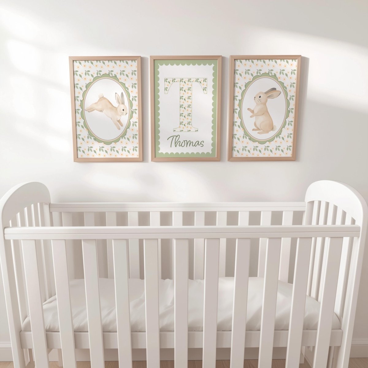 Personalised Bunny Nursery Print Set - Custom Name Initial Wall Art - RoseRowanDesign -