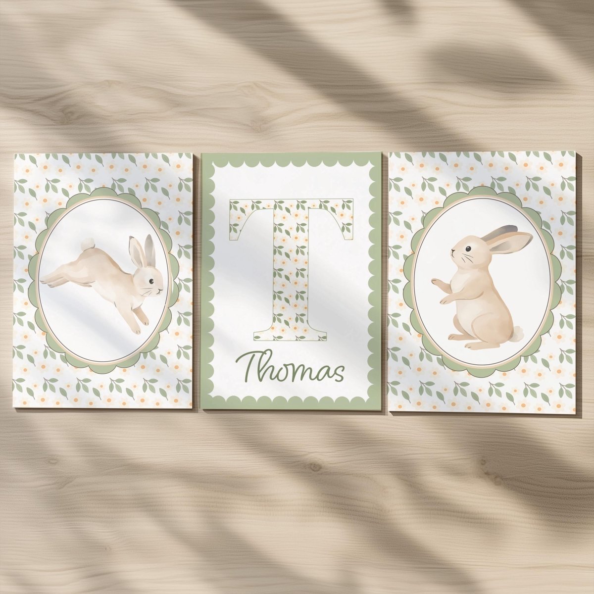 Personalised Bunny Nursery Print Set - Custom Name Initial Wall Art - RoseRowanDesign -