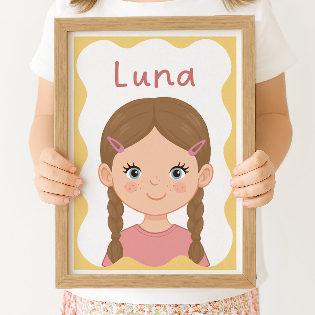 Personalised Children's Portrait Print – Custom Character & Name - Wavy Background - RoseRowanDesign -