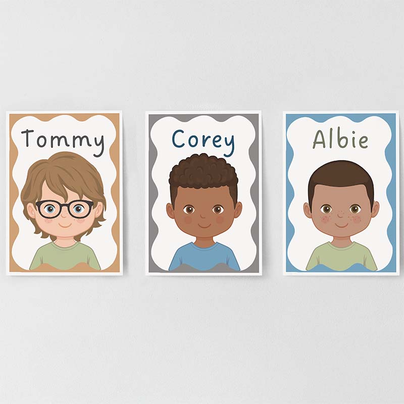 Personalised Children's Portrait Print – Custom Character & Name - Wavy Background - RoseRowanDesign -