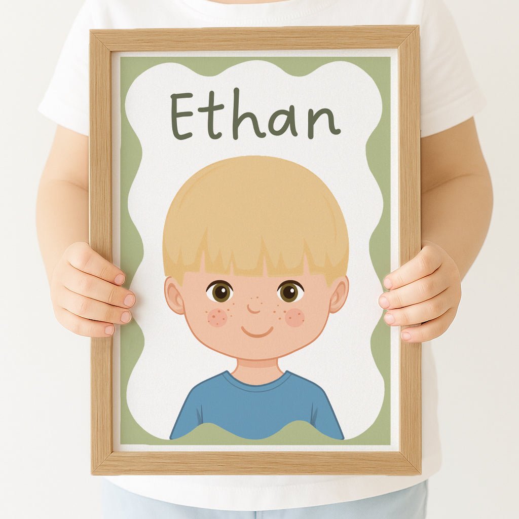 Personalised Children's Portrait Print – Custom Character & Name - Wavy Background - RoseRowanDesign -