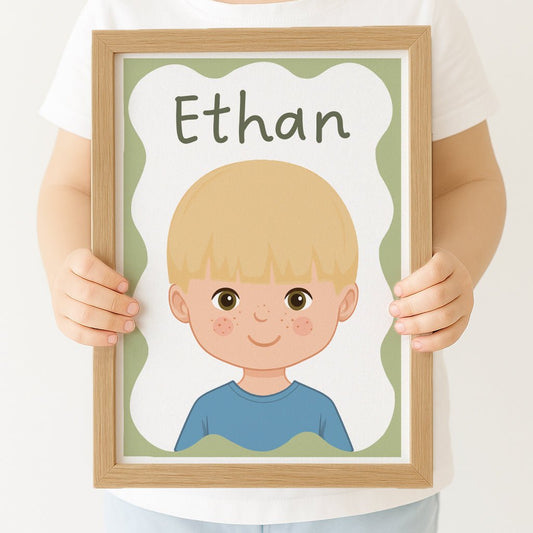Personalised Children's Portrait Print – Custom Character & Name - Wavy Background - RoseRowanDesign -