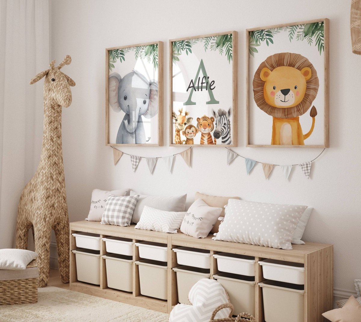 Personalised Child's Name Safari Animal Wall Art Green