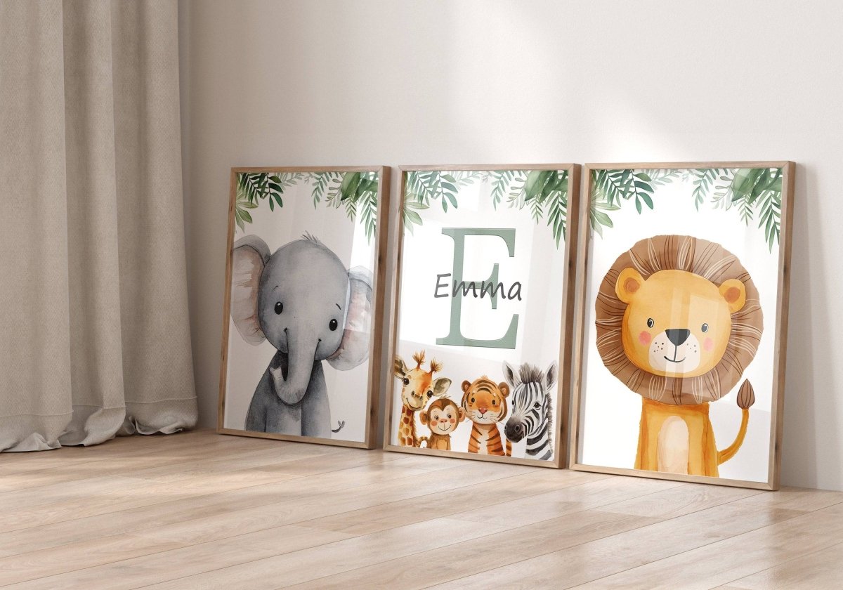 Personalised Child's Name Safari Animal Wall Art | Green Background | Set of 3 Nursery Prints - RoseRowanDesign -