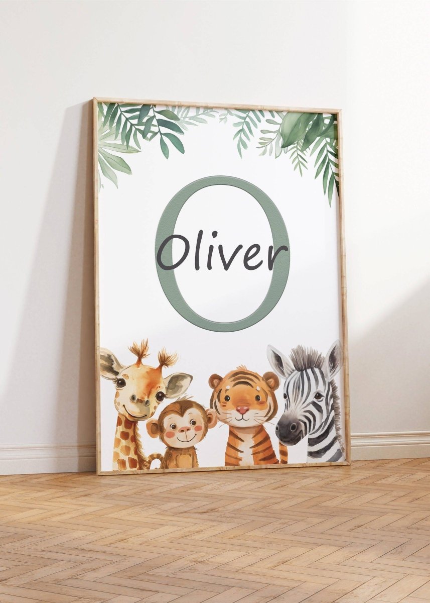 Personalised Child's Name Safari Animal Wall Art | Green Background | Set of 3 Nursery Prints - RoseRowanDesign -