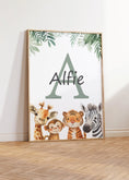 Load image into Gallery viewer, Personalised Child's Name Safari Animal Wall Art | Green Background | Set of 3 Nursery Prints - RoseRowanDesign -