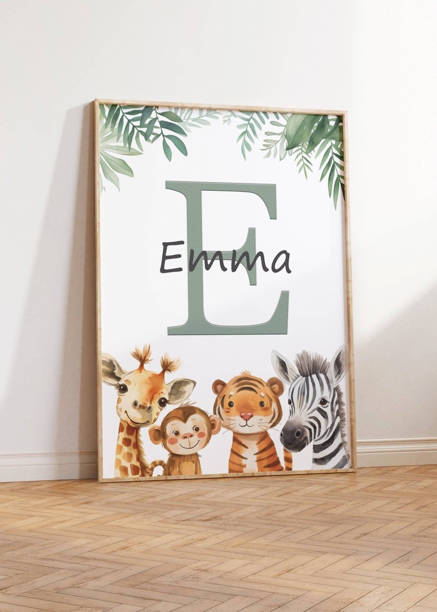Personalised Child's Name Safari Animal Wall Art | Green Background | Set of 3 Nursery Prints - RoseRowanDesign -