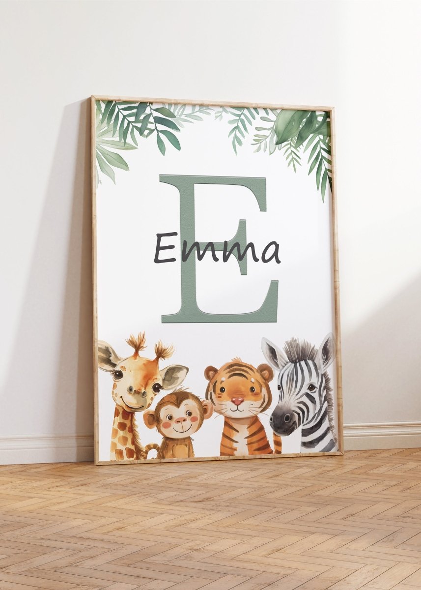 Personalised Child's Name Safari Animal Wall Art | Green Background | Set of 3 Nursery Prints - RoseRowanDesign -