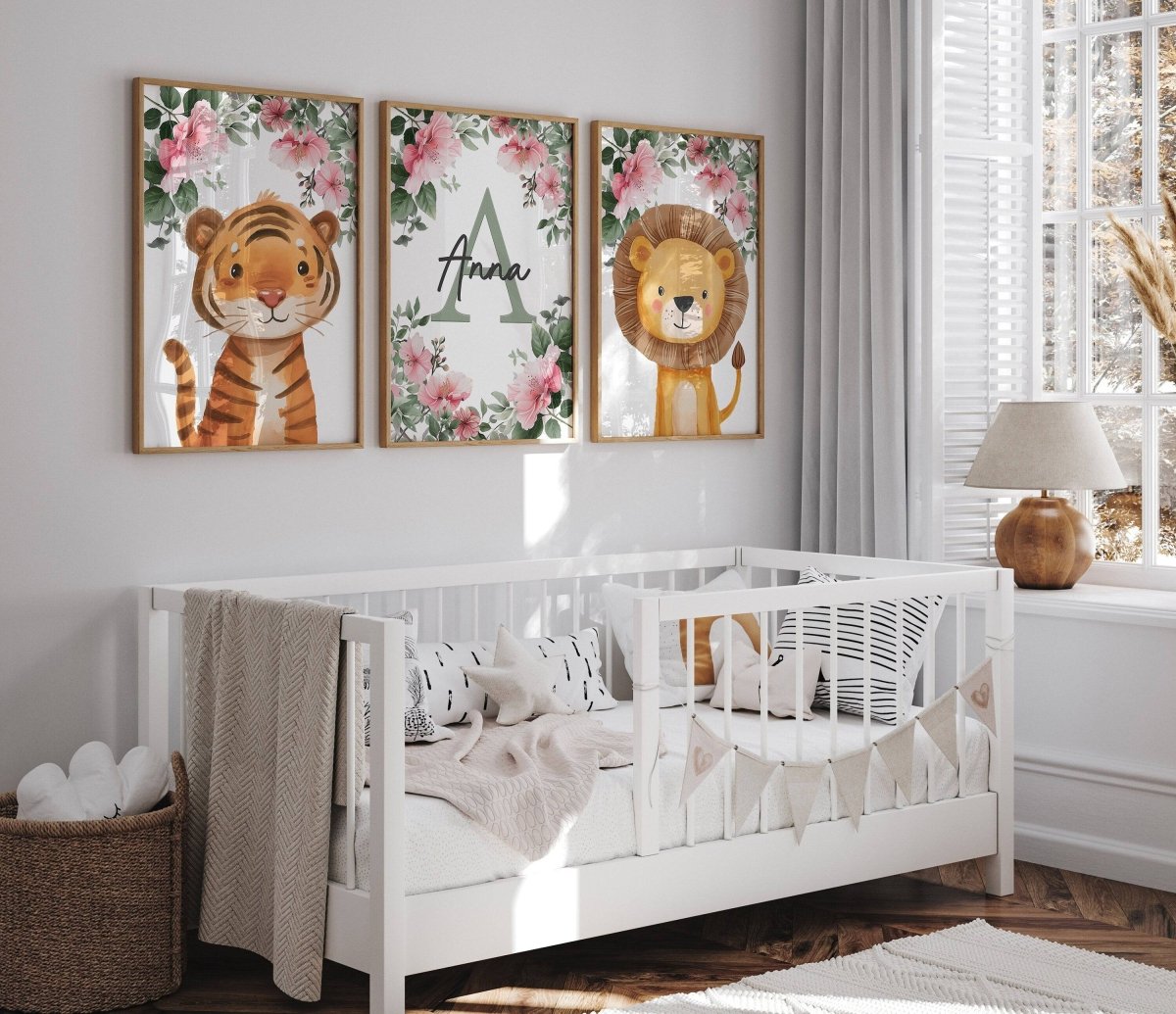 Personalised Child's Name Safari Animal Wall Art | Pink Background | Set of 3 Nursery Prints - RoseRowanDesign -