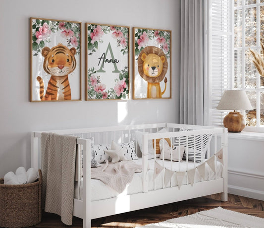 Personalised Child's Name Safari Animal Wall Art | Pink Background | Set of 3 Nursery Prints - RoseRowanDesign -