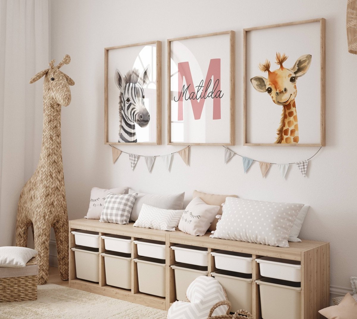 Personalised Child's Name Safari Animal Wall Art | Plain Background | Set of 3 Nursery Prints - RoseRowanDesign -