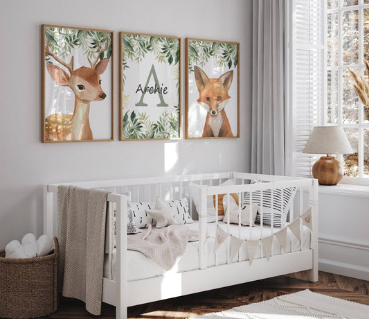 Personalised Child's Name Woodland Animal Wall Art | Leaves Background | Set of 3 Nursery Prints - RoseRowanDesign -