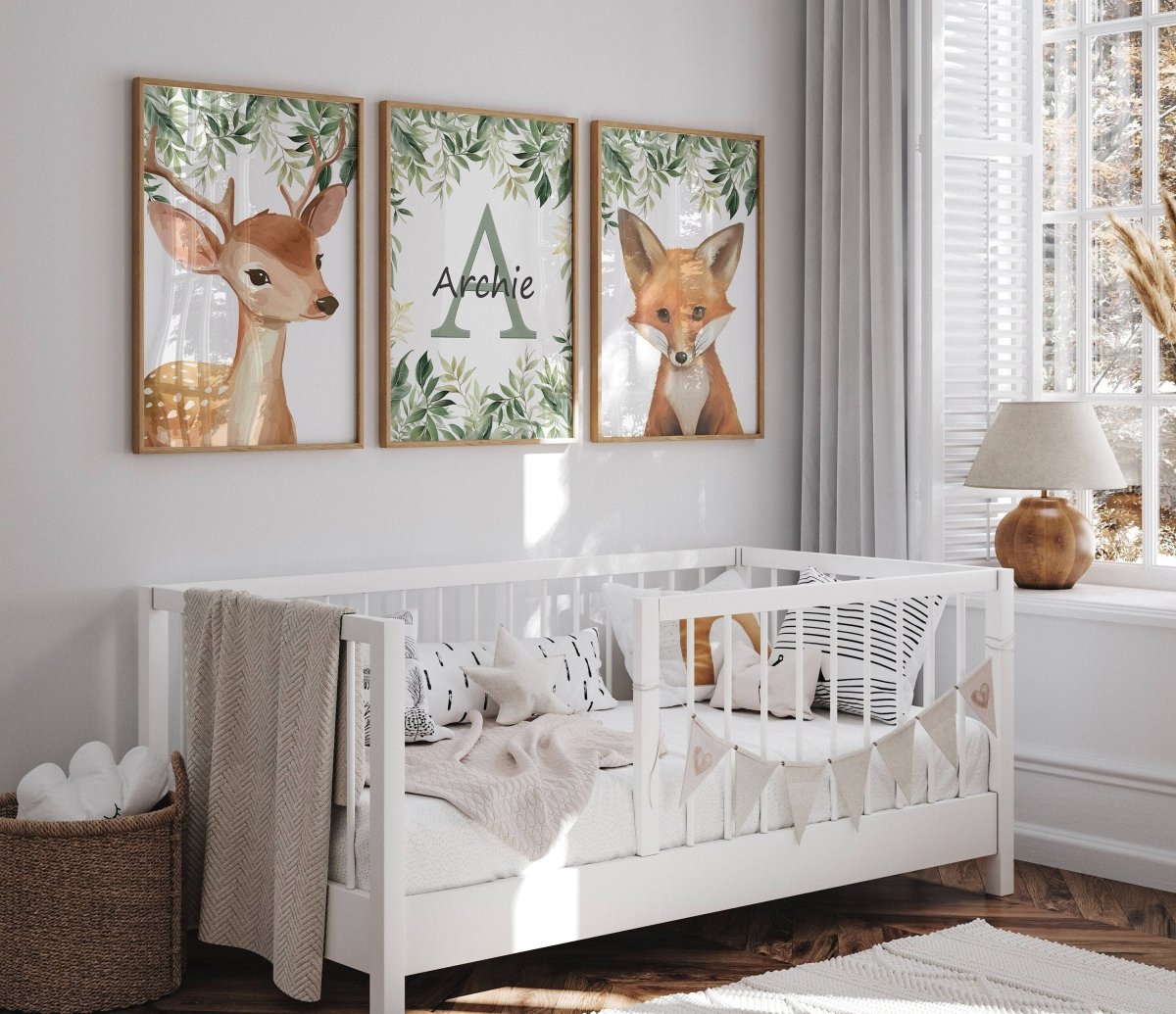 Personalised Child's Name Woodland Animal Wall Art | Leaves Background | Set of 3 Nursery Prints - RoseRowanDesign -