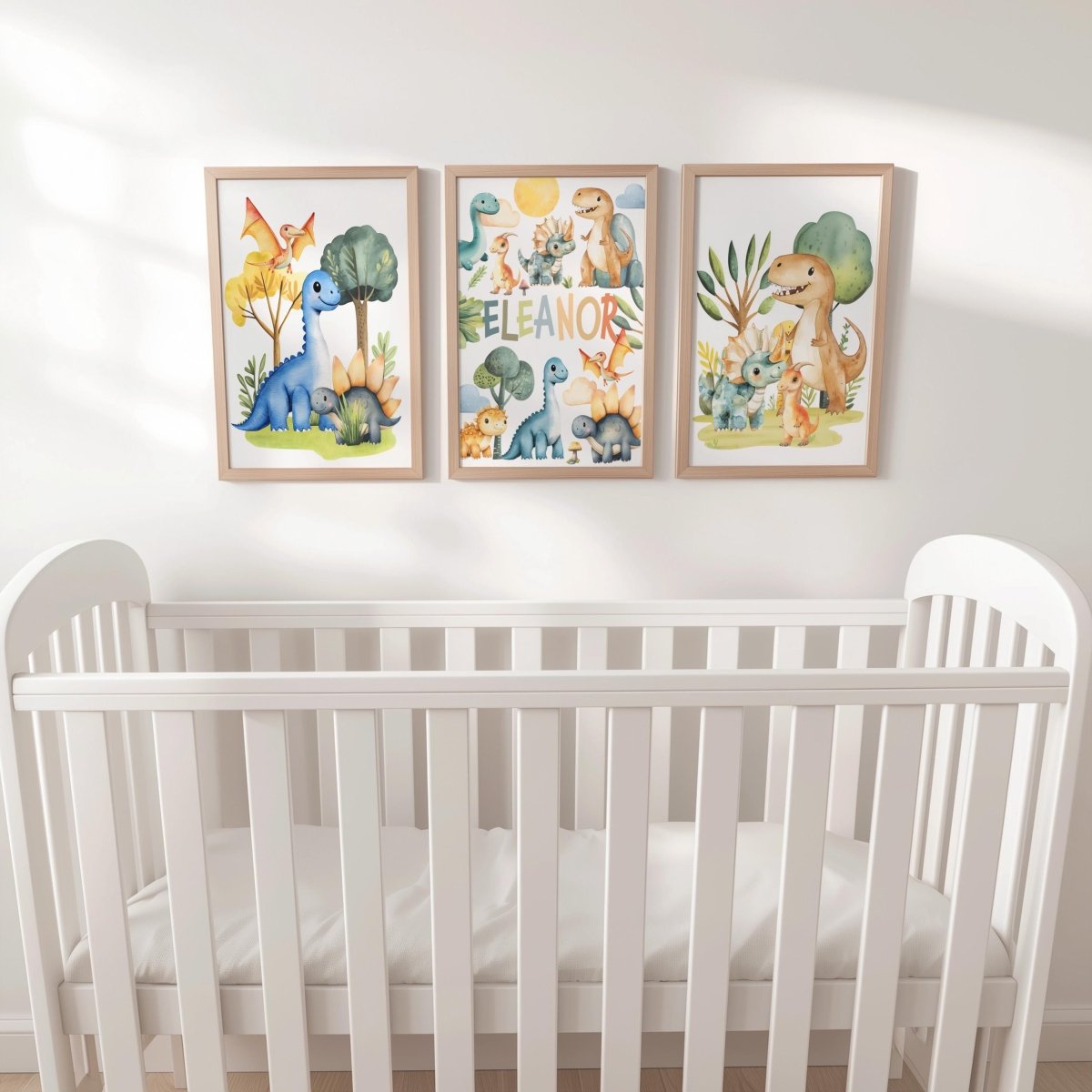 Personalised Dinosaur Nursery Print Set - Custom Name Wall Art with Optional Frames - RoseRowanDesign -