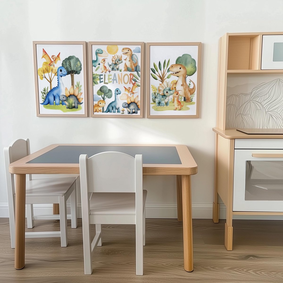 Personalised Dinosaur Nursery Print Set - Custom Name Wall Art with Optional Frames - RoseRowanDesign -