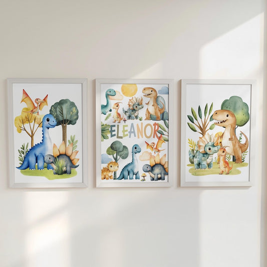 Personalised Dinosaur Nursery Print Set - Custom Name Wall Art with Optional Frames - RoseRowanDesign -