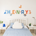 Load image into Gallery viewer, Full display of personalised name fabric wall stickers featuring colourful letters and dinosaurs