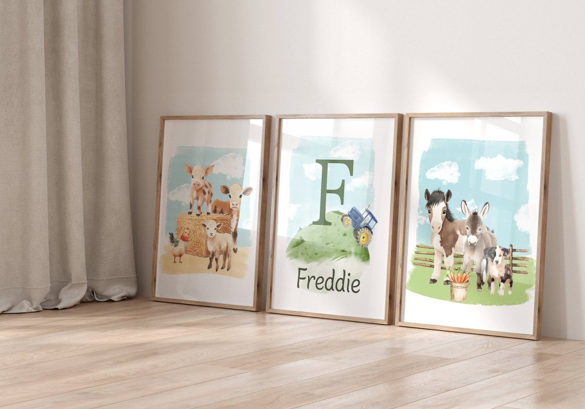 Personalised Farm Nursery Wall Prints | Set of 3 Barnyard Animal Decor | Boys' Room Posters - RoseRowanDesign - Wall Art
