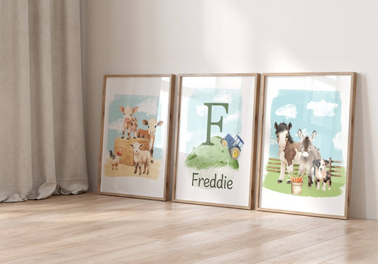 Personalised Farm Nursery Wall Prints | Set of 3 Barnyard Animal Decor | Boys' Room Posters - RoseRowanDesign - Wall Art