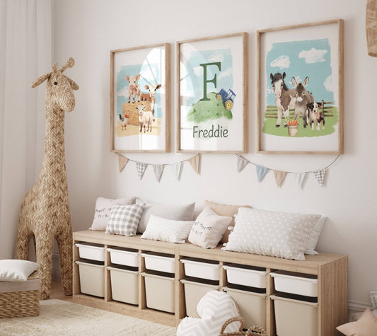 Personalised Farm Nursery Wall Prints | Set of 3 Barnyard Animal Decor | Boys' Room Posters - RoseRowanDesign - Wall Art