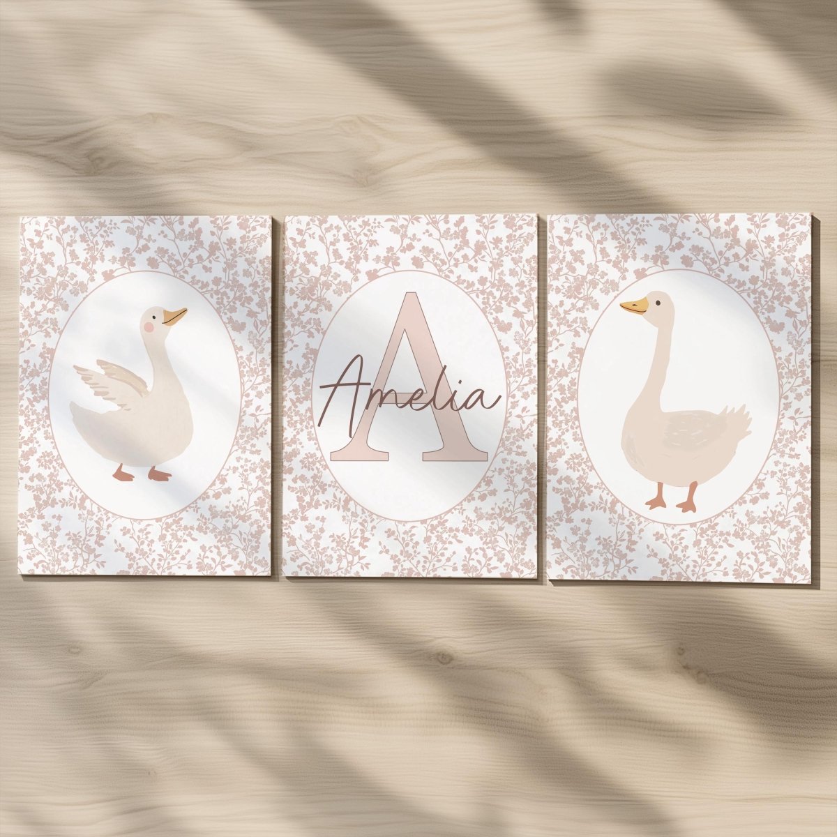 Personalised Floral Goose Prints Set - Custom Name Wall Art in Soft Pink - RoseRowanDesign -