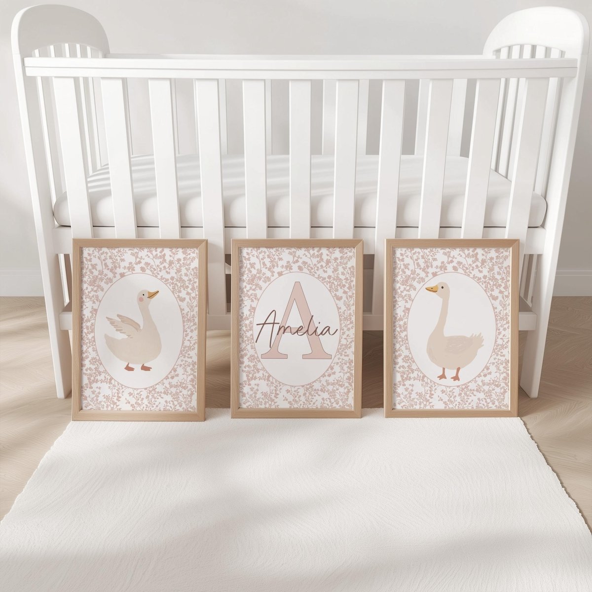 Personalised Floral Goose Prints Set - Custom Name Wall Art in Soft Pink - RoseRowanDesign -