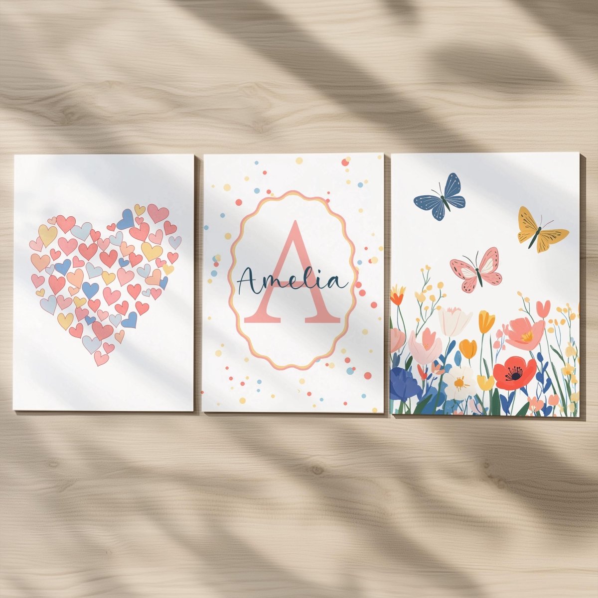 Personalised Girls Nursery Wall Art Set of 3, Heart Butterflies & Name Initial Print, Framed or Unframed, Bright Polka Dot Custom Room Decor - RoseRowanDesign -