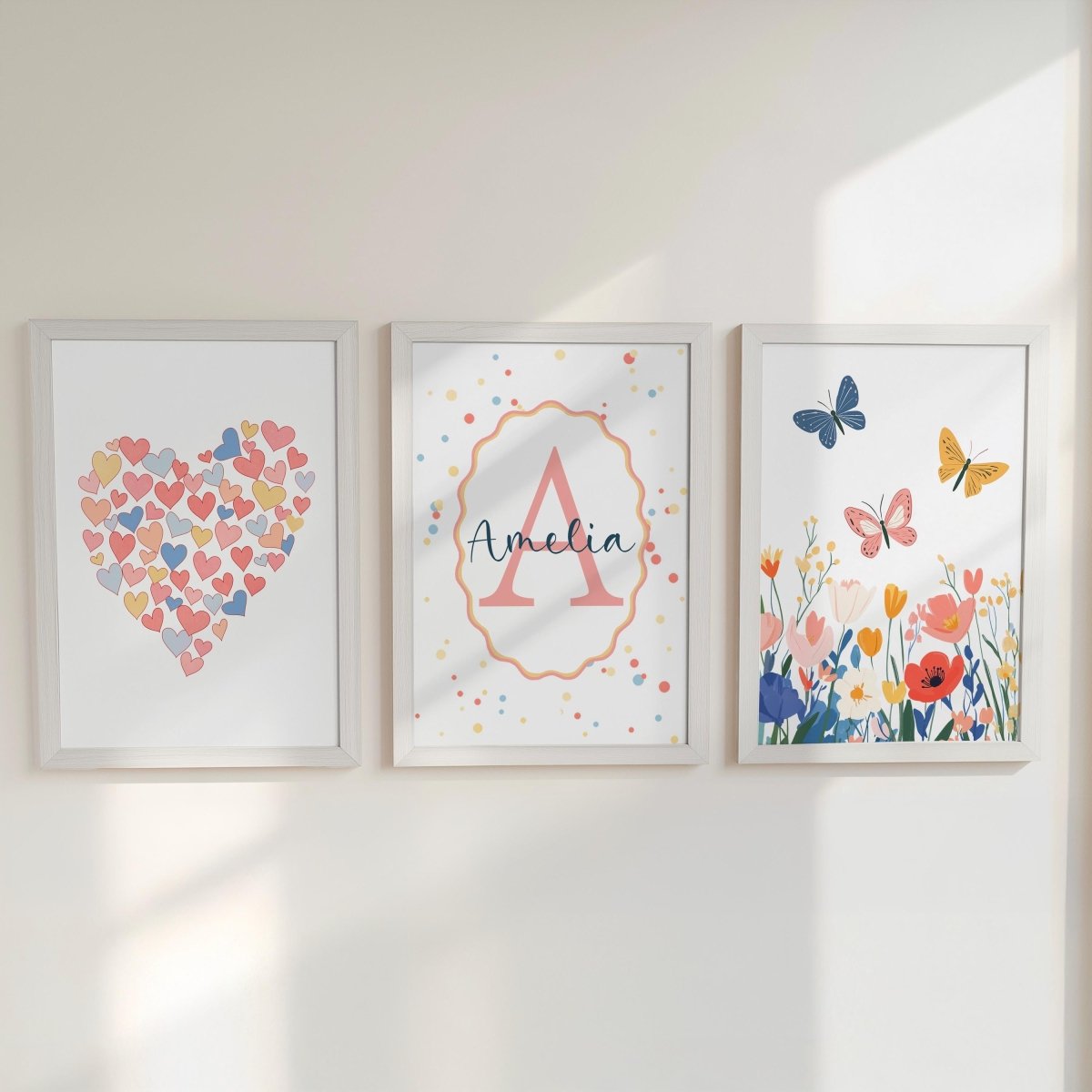 Personalised Girls Nursery Wall Art Set of 3, Heart Butterflies & Name Initial Print, Framed or Unframed, Bright Polka Dot Custom Room Decor - RoseRowanDesign -