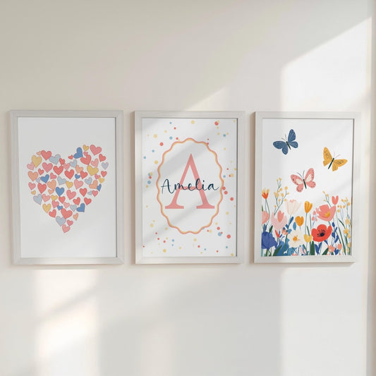 Personalised Girls Nursery Wall Art Set of 3, Heart Butterflies & Name Initial Print, Framed or Unframed, Bright Polka Dot Custom Room Decor - RoseRowanDesign -