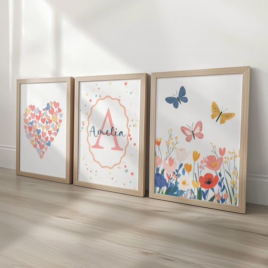 Personalised Girls Nursery Wall Art Set of 3, Heart Butterflies & Name Initial Print, Framed or Unframed, Bright Polka Dot Custom Room Decor - RoseRowanDesign -