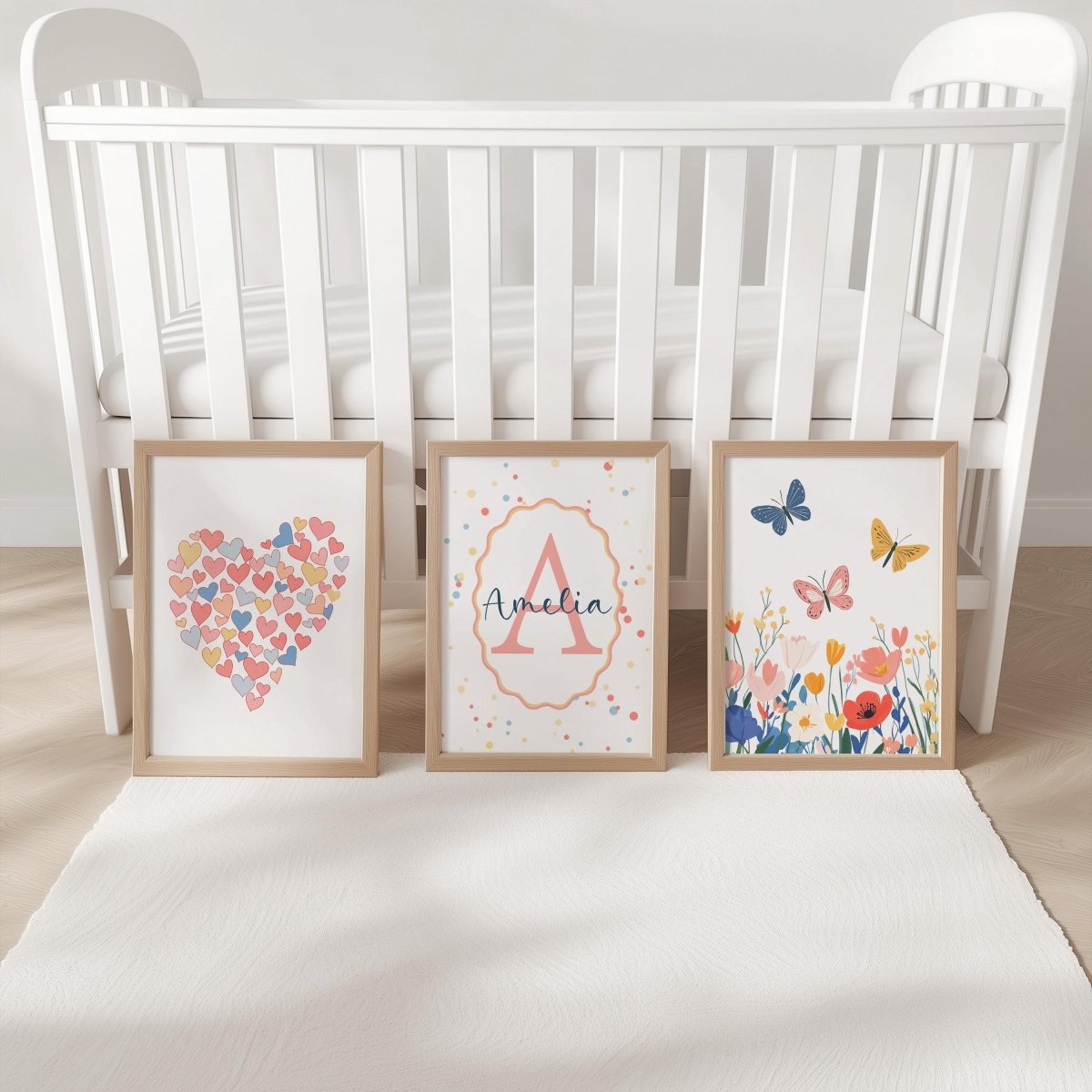 Personalised Girls Nursery Wall Art Set of 3, Heart Butterflies & Name Initial Print, Framed or Unframed, Bright Polka Dot Custom Room Decor - RoseRowanDesign -