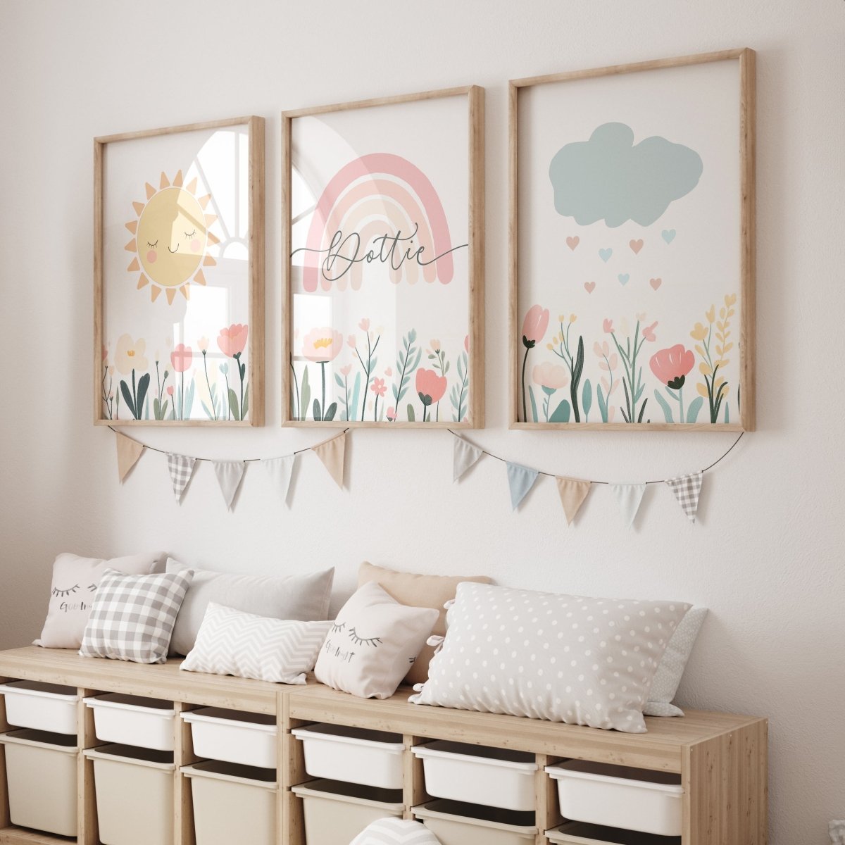 Personalised Girls Nursery Wall Prints | Set of 3 | Pastel Colours - RoseRowanDesign - Wall Art