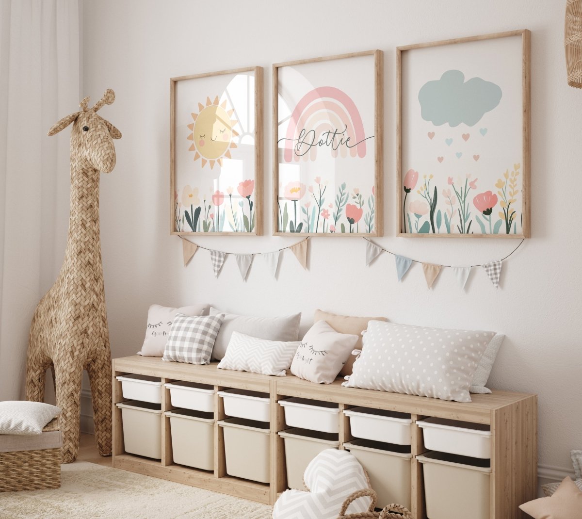 Personalised Girls Nursery Wall Prints | Set of 3 | Pastel Colours - RoseRowanDesign - Wall Art