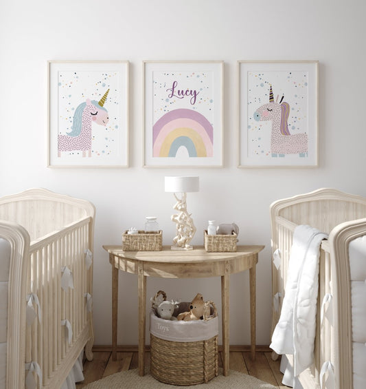 Personalised Girls Unicorn | Set of 3 | Decor for Girls Bedroom - RoseRowanDesign - Wall Art