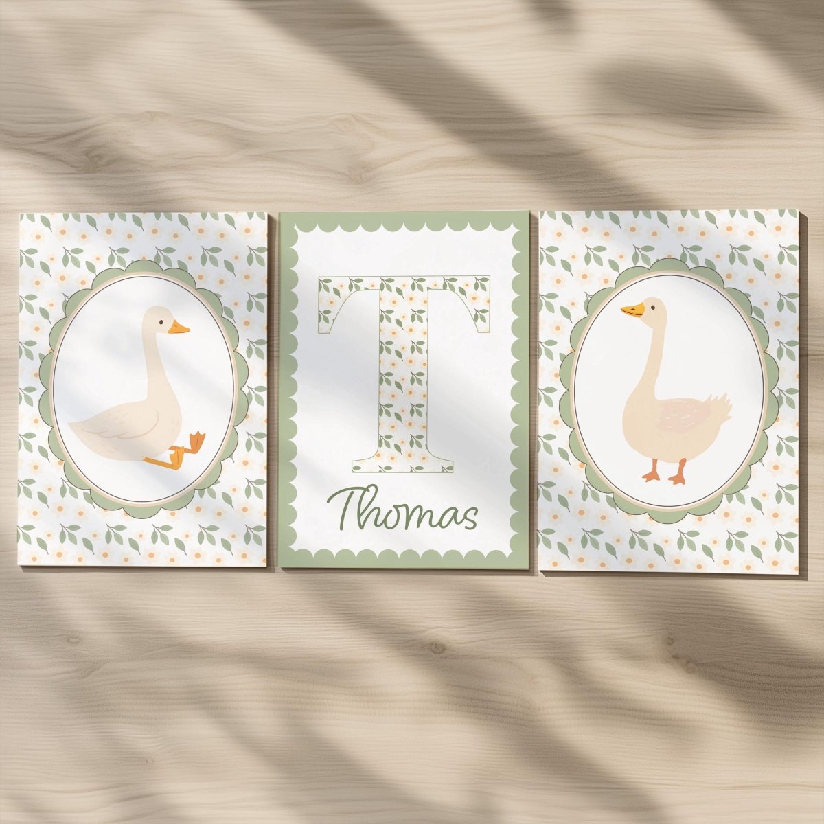 Personalised Goose Nursery Print Set – Custom Name & Initial Wall Art – Farmhouse Baby Room Decor, Optional Frames - RoseRowanDesign -