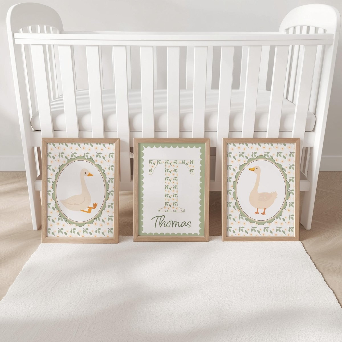 Personalised Goose Nursery Print Set – Custom Name & Initial Wall Art – Farmhouse Baby Room Decor, Optional Frames - RoseRowanDesign -