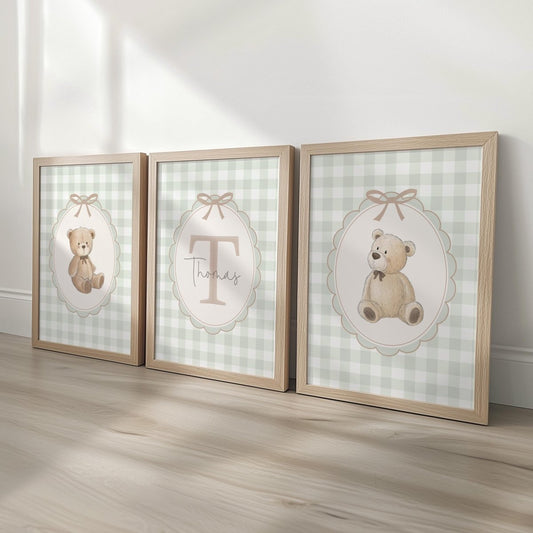 Personalised Green Gingham Teddy Bear Print Set - RoseRowanDesign -