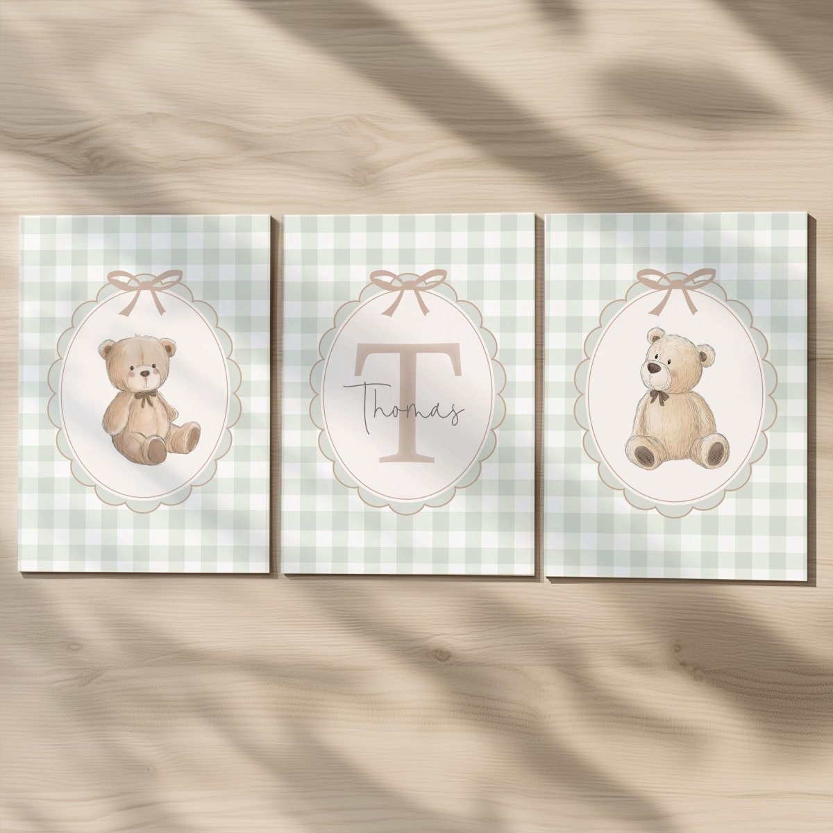Personalised Green Gingham Teddy Bear Print Set - RoseRowanDesign -
