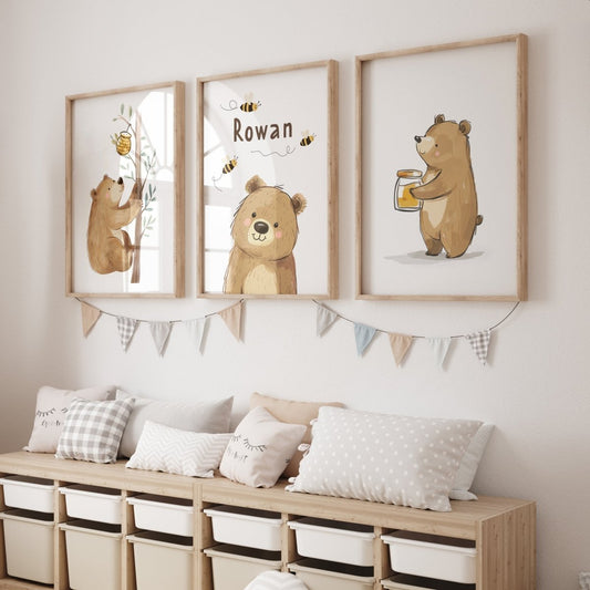 Personalised Honey Bears | Set of 3 Prints - RoseRowanDesign - Wall Art