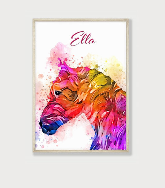 Personalised Horse Wall Print | Rainbow Watercolour Decor for Girls' Bedrooms - RoseRowanDesign - Wall Art