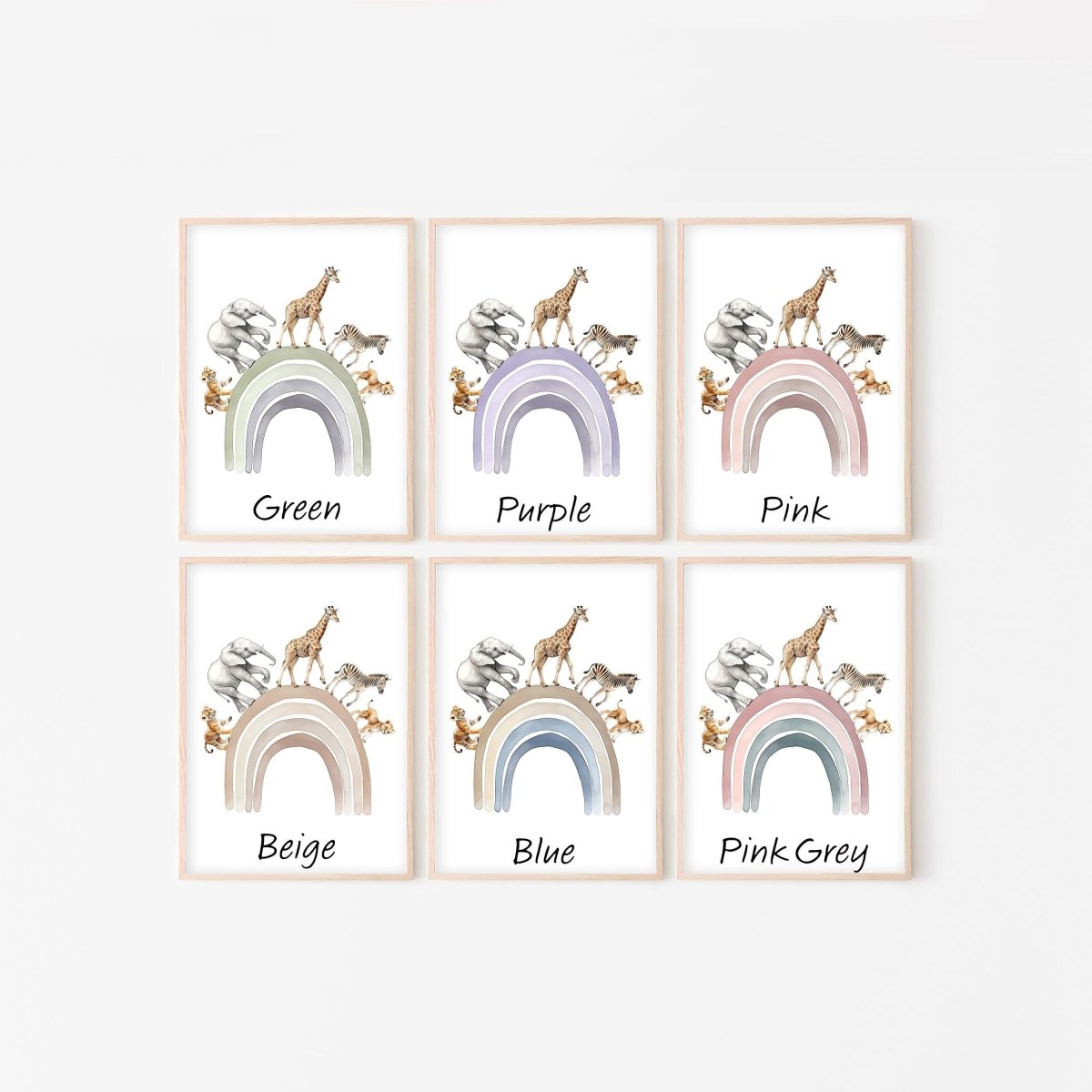 Personalised Hot Air Balloon & Rainbow Safari Animal Wall Art | Checkerboard | Set of 3 Nursery Prints - RoseRowanDesign - Wall Art