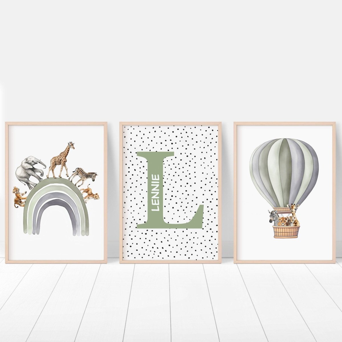Personalised Hot Air Balloon & Rainbow Safari Animal Wall Art | Polka Dots | Set of 3 Nursery Prints - RoseRowanDesign - Wall Art