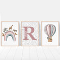 Load image into Gallery viewer, Personalised Hot Air Balloon & Rainbow Safari Animal Wall Art | Polka Dots | Set of 3 Nursery Prints - RoseRowanDesign - Wall Art