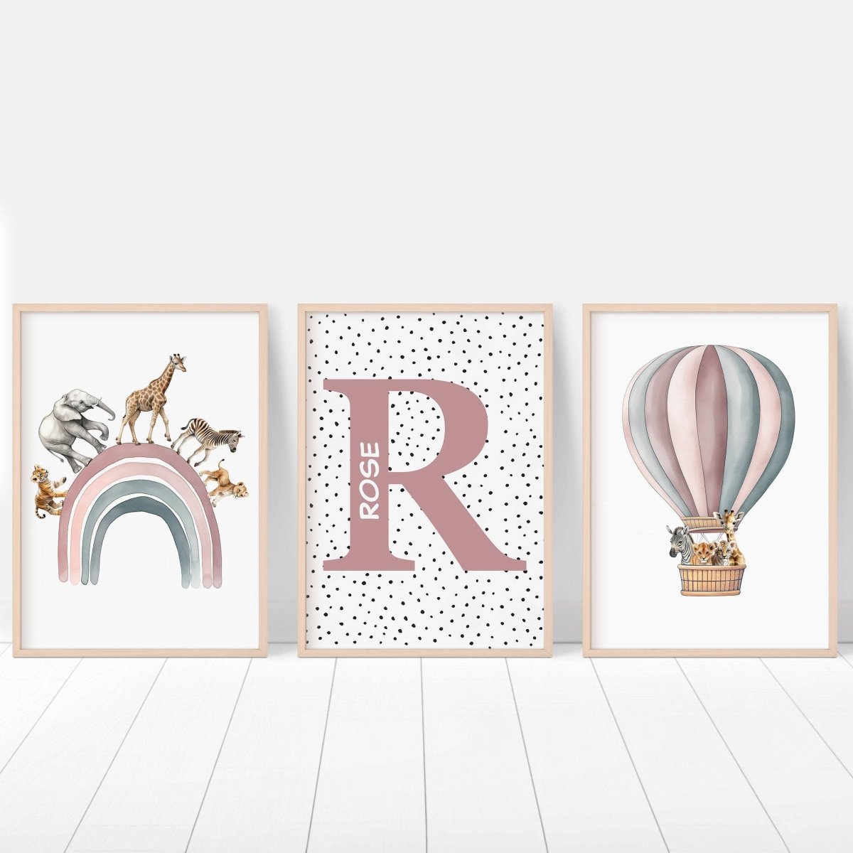Personalised Hot Air Balloon & Rainbow Safari Animal Wall Art | Polka Dots | Set of 3 Nursery Prints - RoseRowanDesign - Wall Art