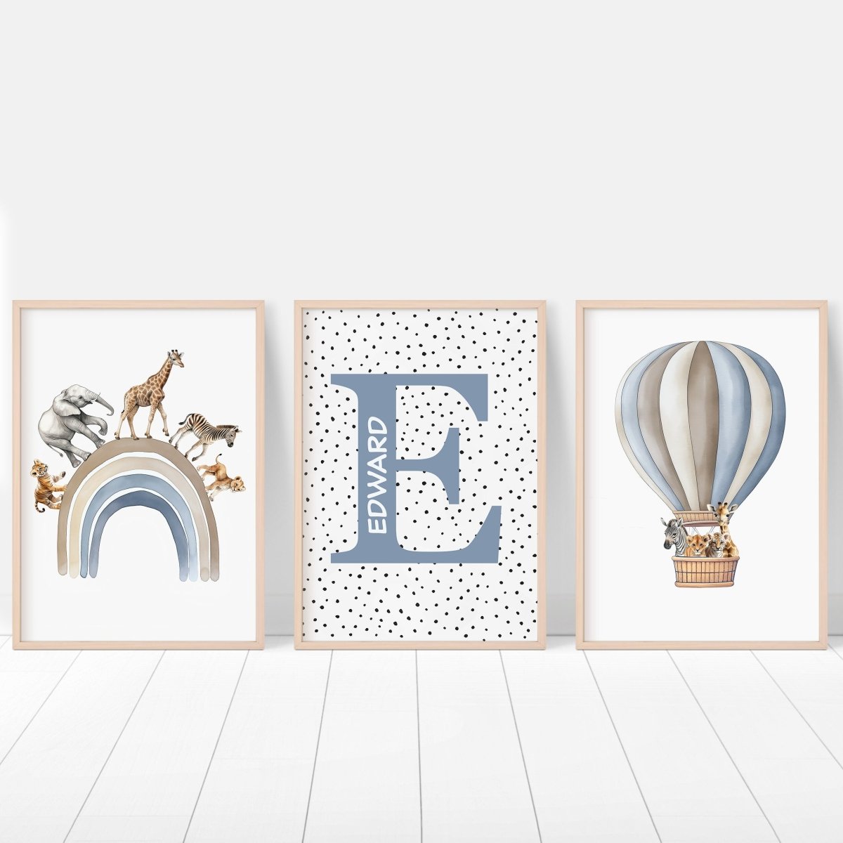 Personalised Hot Air Balloon & Rainbow Safari Animal Wall Art | Polka Dots | Set of 3 Nursery Prints - RoseRowanDesign - Wall Art