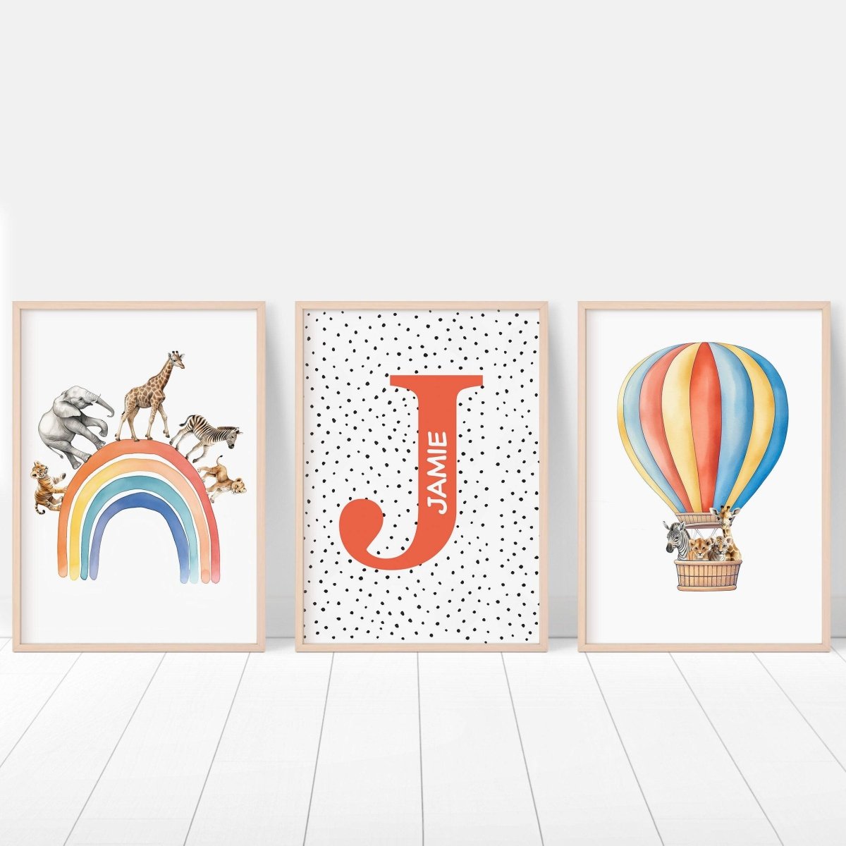 Personalised Hot Air Balloon & Rainbow Safari Animal Wall Art | Polka Dots | Set of 3 Nursery Prints - RoseRowanDesign - Wall Art