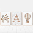 Load image into Gallery viewer, Personalised Hot Air Balloon & Rainbow Safari Animal Wall Art | Polka Dots | Set of 3 Nursery Prints - RoseRowanDesign - Wall Art