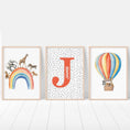 Load image into Gallery viewer, Personalised Hot Air Balloon & Rainbow Safari Animal Wall Art | Polka Dots | Set of 3 Nursery Prints - RoseRowanDesign - Wall Art