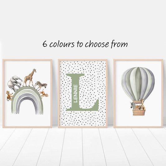 Personalised Hot Air Balloon & Rainbow Safari Animal Wall Art | Polka Dots | Set of 3 Nursery Prints - RoseRowanDesign - Wall Art