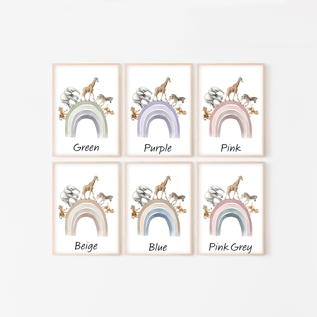 Personalised Hot Air Balloon & Rainbow Safari Animal Wall Art | Solid Colour | Set of 3 Nursery Prints - RoseRowanDesign - Wall Art